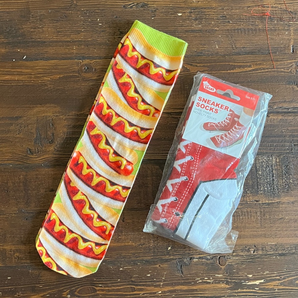 2 pairs of silly novelty socks, hotdog and sneaker